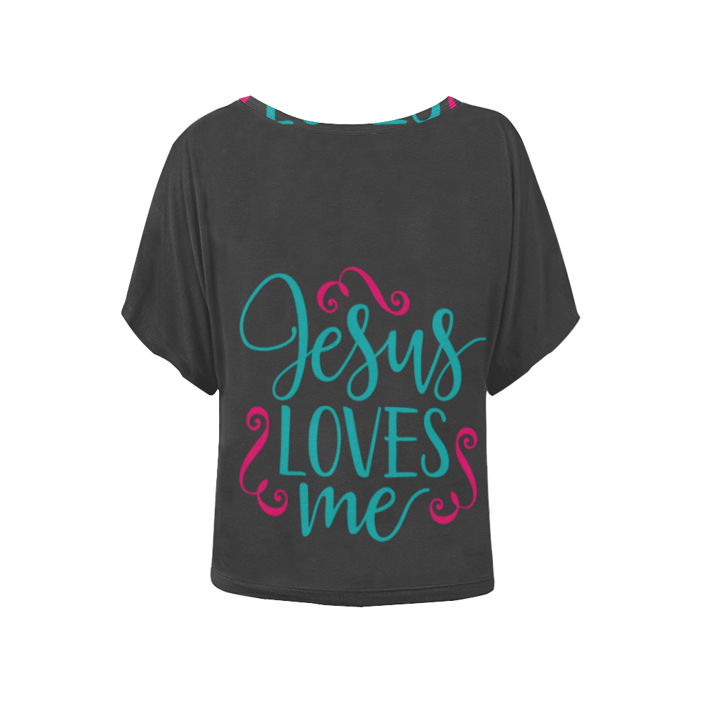 Jesus Loves Me (black) Women's Batwing-Sleeved Blouse T shirt (Model T44)