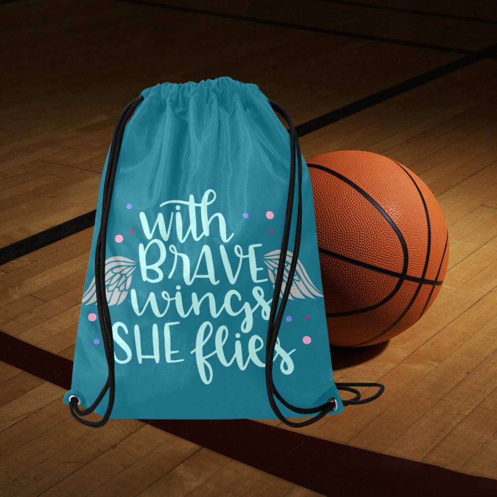With_Brave_wings_she_fliespink teal Medium Drawstring Bag Model 1604 (Twin Sides) 13.8"(W) * 18.1"(H)