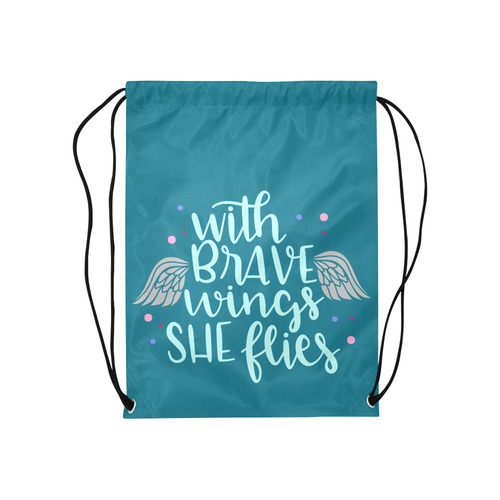 With_Brave_wings_she_fliespink teal Medium Drawstring Bag Model 1604 (Twin Sides) 13.8"(W) * 18.1"(H)