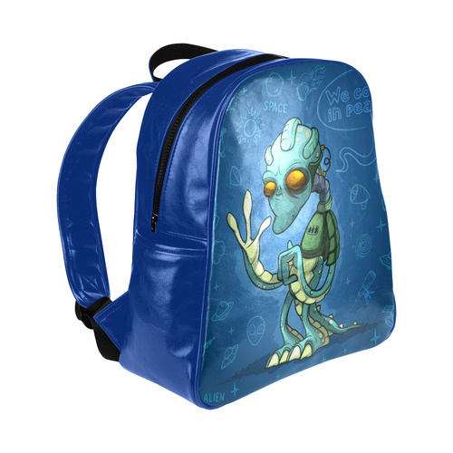 Alien Cartoon In Blue Multi-Pockets Backpack (Model 1636)