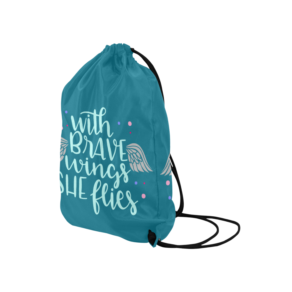 With_Brave_wings_she_fliespink teal Medium Drawstring Bag Model 1604 (Twin Sides) 13.8"(W) * 18.1"(H)