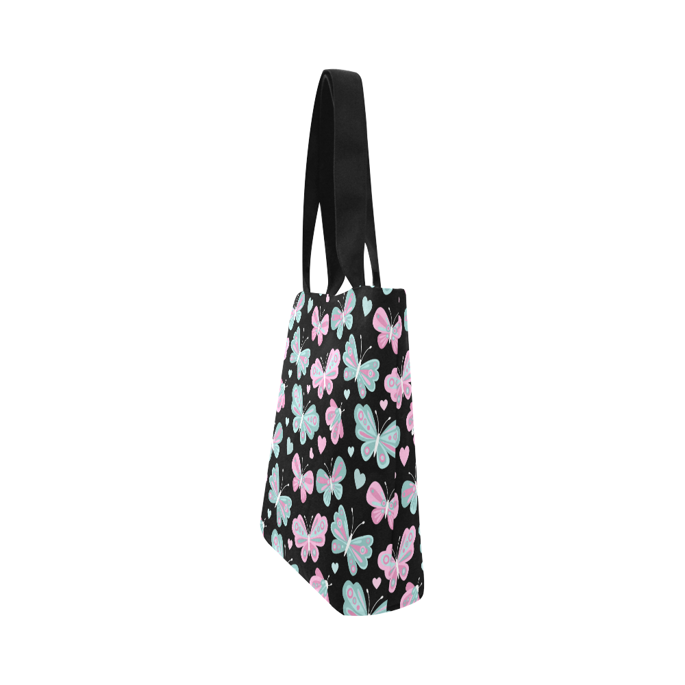 Cute Pastel Butterfly Pattern Pink Hearts Black Canvas Tote Bag (Model 1657)