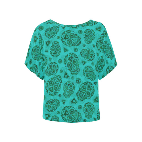 Sugar Skull Pattern - Teal Women's Batwing-Sleeved Blouse T shirt (Model T44)