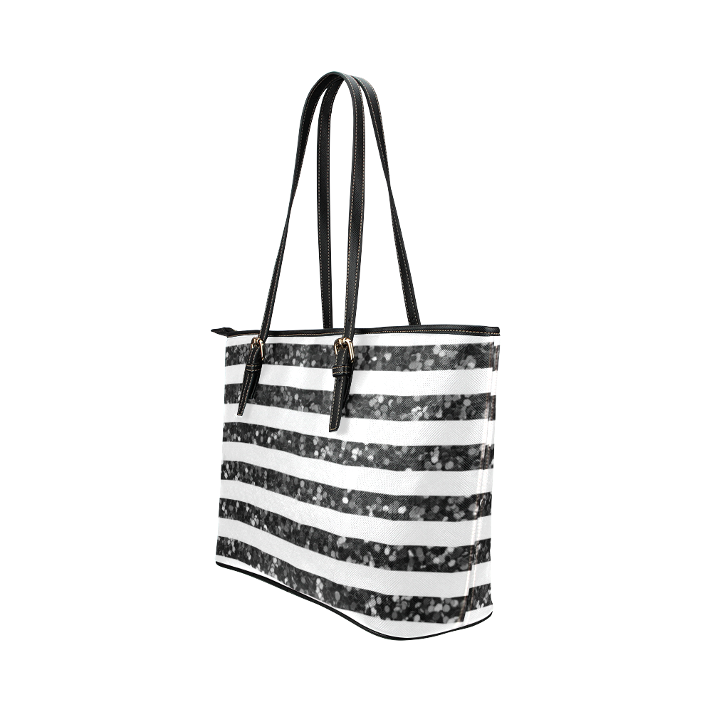 Black Glitter Sparkle Stripes Leather Tote Bag/Small (Model 1651)