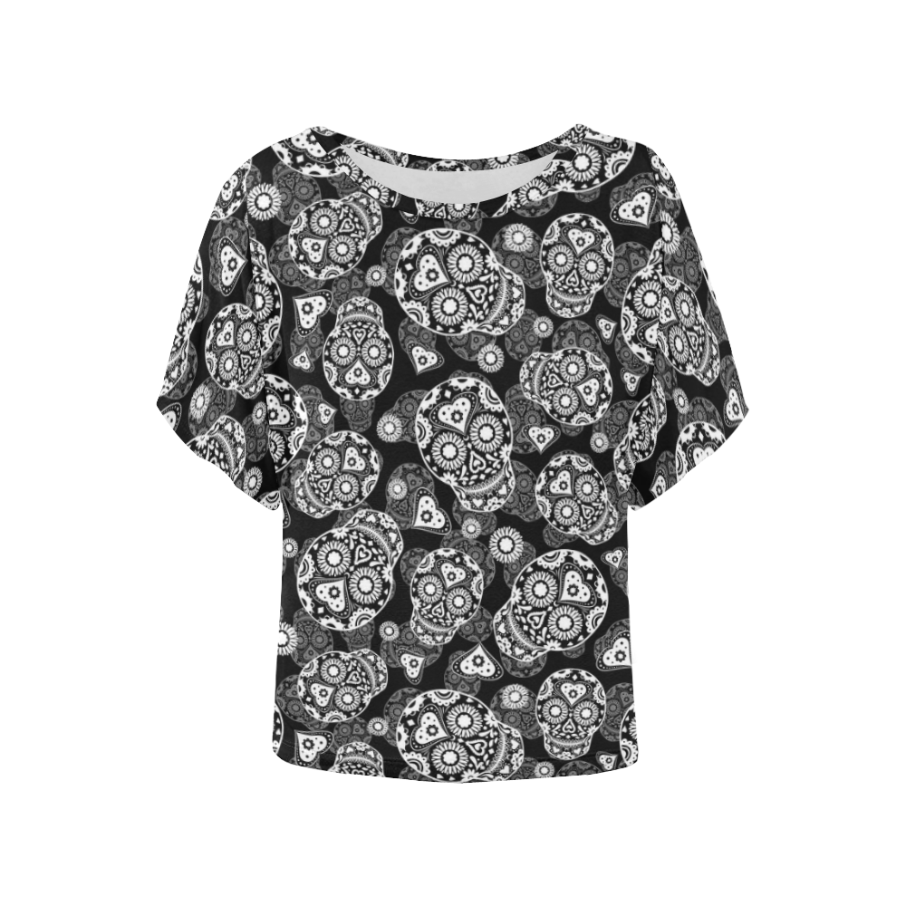 Sugar Skull Pattern - Black and White Women's Batwing-Sleeved Blouse T shirt (Model T44)