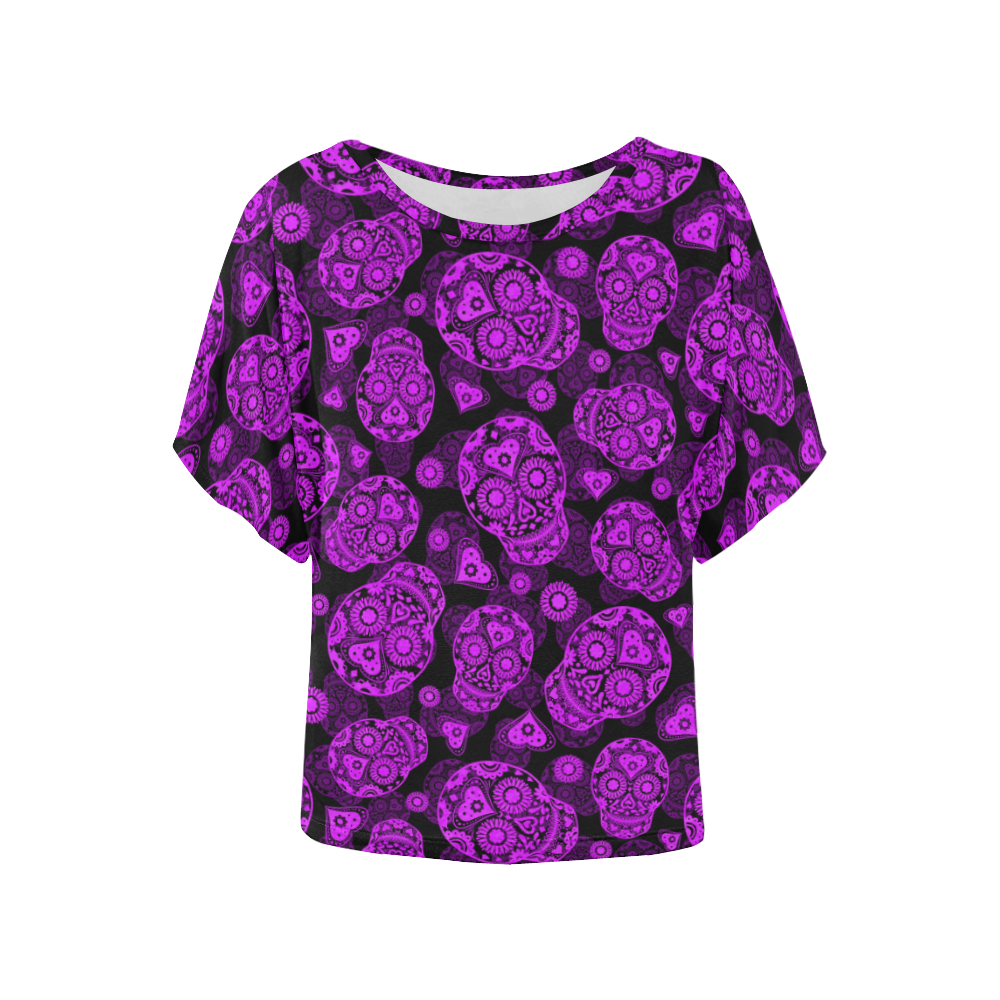 Sugar Skull Pattern - Purple Women's Batwing-Sleeved Blouse T shirt (Model T44)