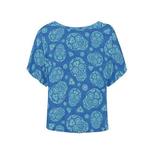 Sugar Skull Pattern - Blue Women's Batwing-Sleeved Blouse T shirt (Model T44)