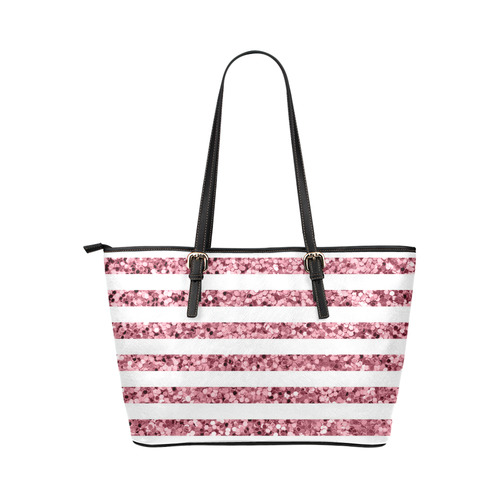 Pink Glitter Sparkle Stripes Leather Tote Bag/Small (Model 1651)