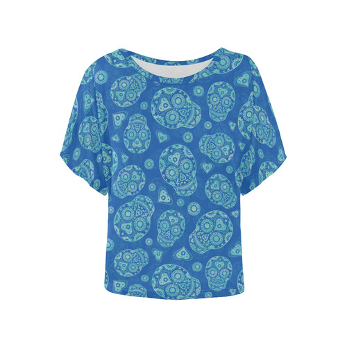 Sugar Skull Pattern - Blue Women's Batwing-Sleeved Blouse T shirt (Model T44)