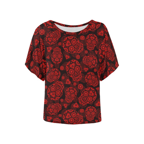 Sugar Skull Pattern - Red Women's Batwing-Sleeved Blouse T shirt (Model T44)