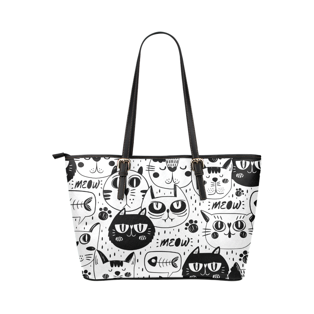 Cat Black and White Funny Cartoon Leather Tote Bag/Large (Model 1651)