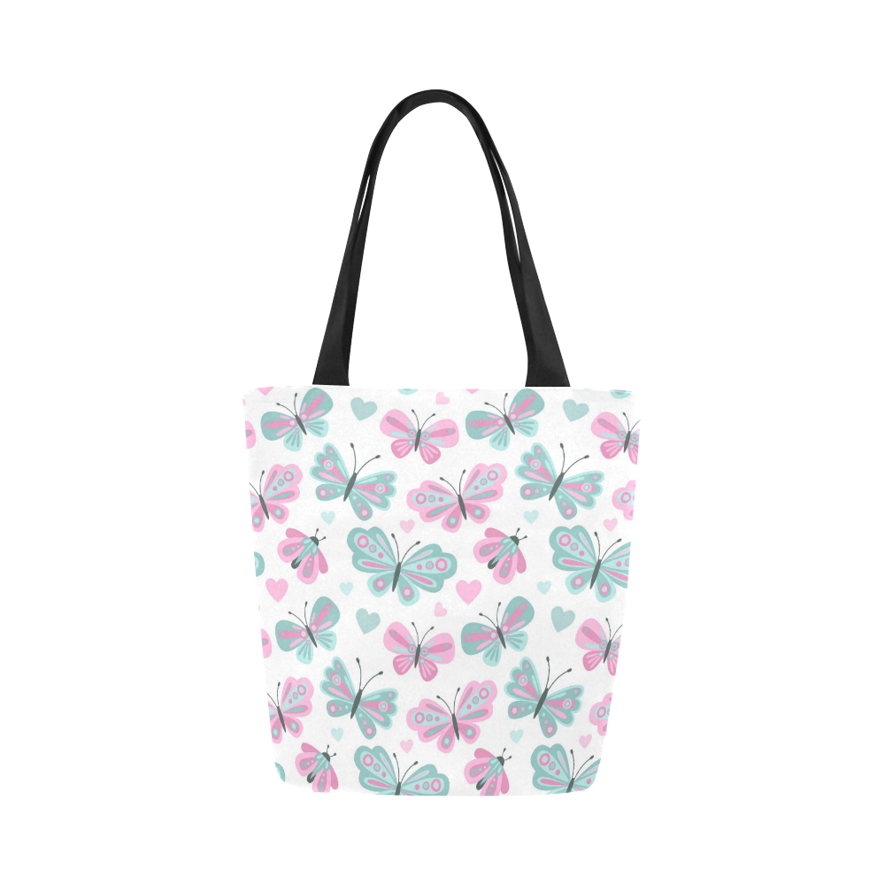 Cute Pastel Butterfly Pattern Pink Hearts Canvas Tote Bag (Model 1657)