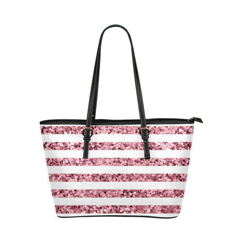 Pink Glitter Sparkle Stripes Leather Tote Bag/Small (Model 1651)