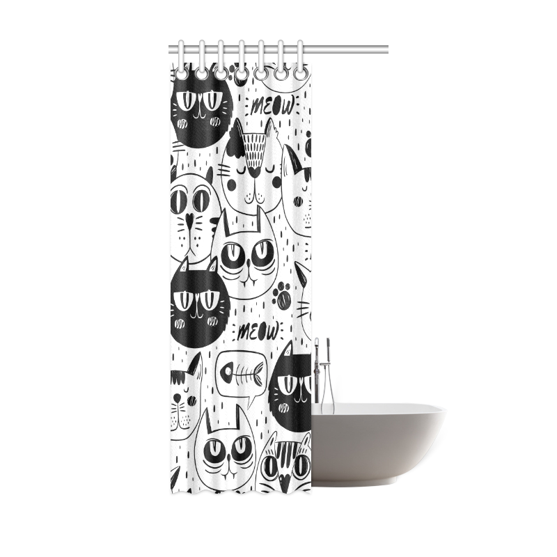Cat Black and White Funny Cartoon Shower Curtain 36"x72"