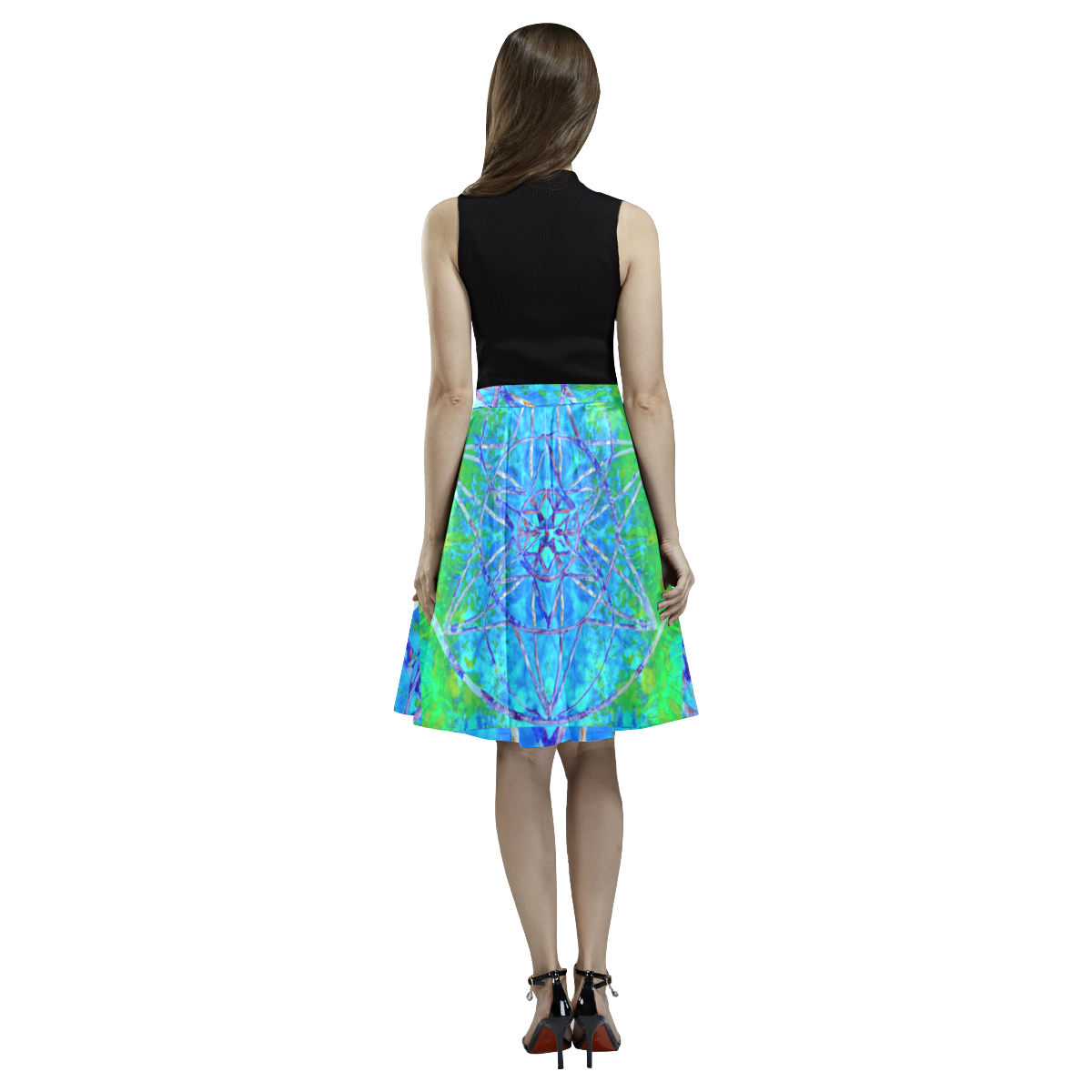 protection in nature colors-teal, blue and green Melete Pleated Midi Skirt (Model D15)
