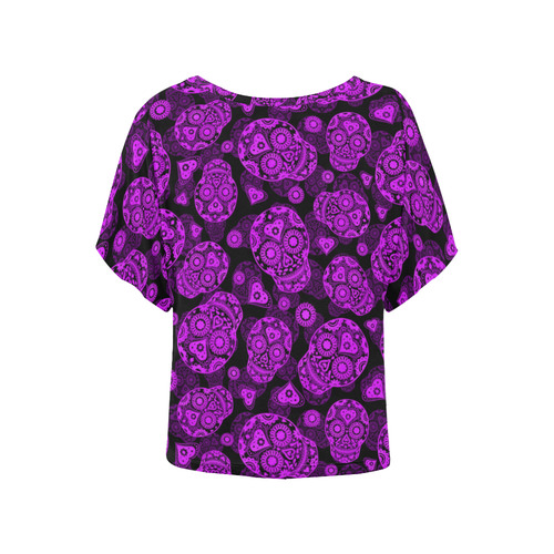 Sugar Skull Pattern - Purple Women's Batwing-Sleeved Blouse T shirt (Model T44)