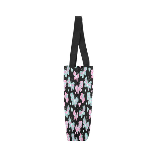 Cute Pastel Butterfly Pattern Pink Hearts Black Canvas Tote Bag (Model 1657)