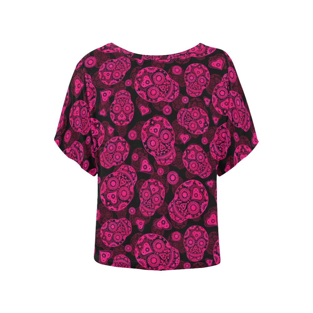 Sugar Skull Pattern - Pink Women's Batwing-Sleeved Blouse T shirt (Model T44)