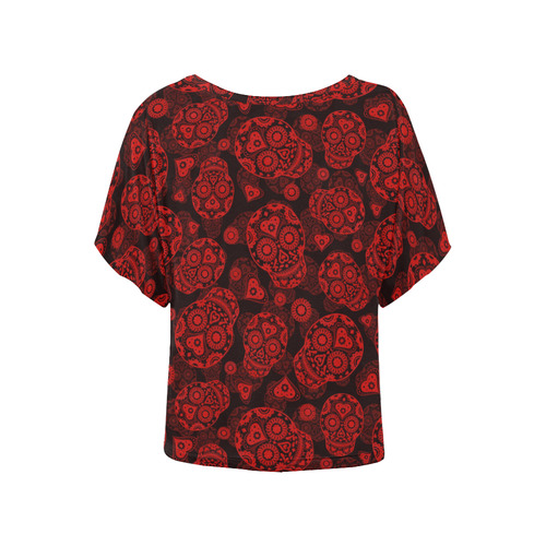 Sugar Skull Pattern - Red Women's Batwing-Sleeved Blouse T shirt (Model T44)