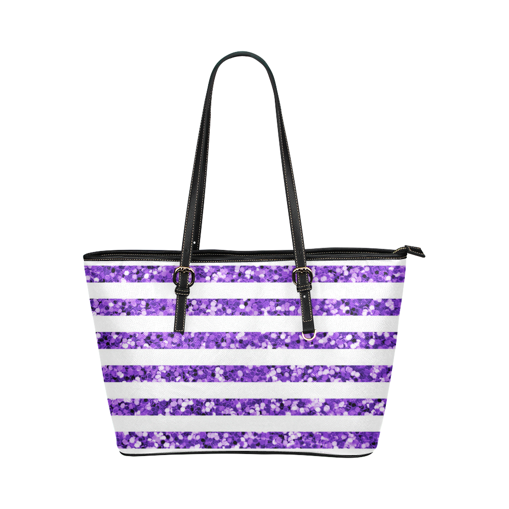 Purple Glitter Sparkle Stripes Leather Tote Bag/Small (Model 1651)