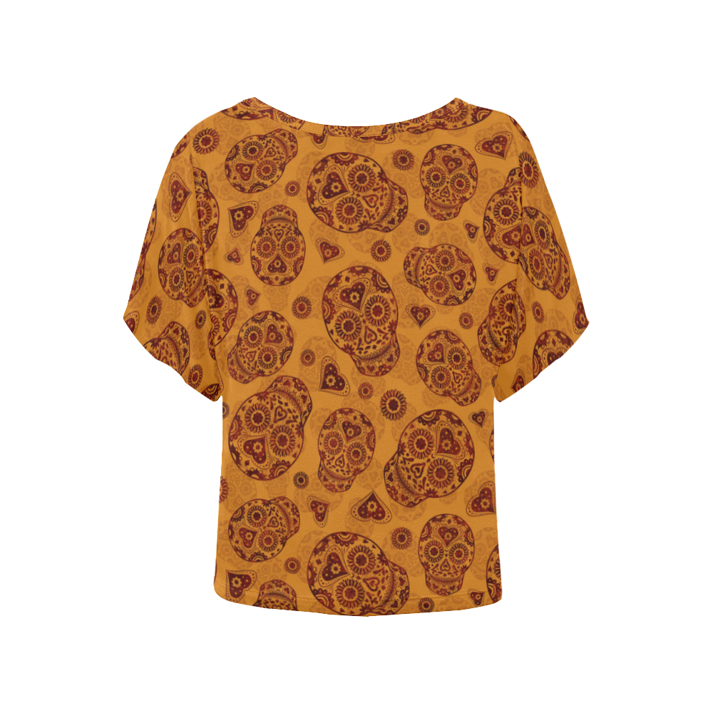 Sugar Skull Pattern - Gold Women's Batwing-Sleeved Blouse T shirt (Model T44)