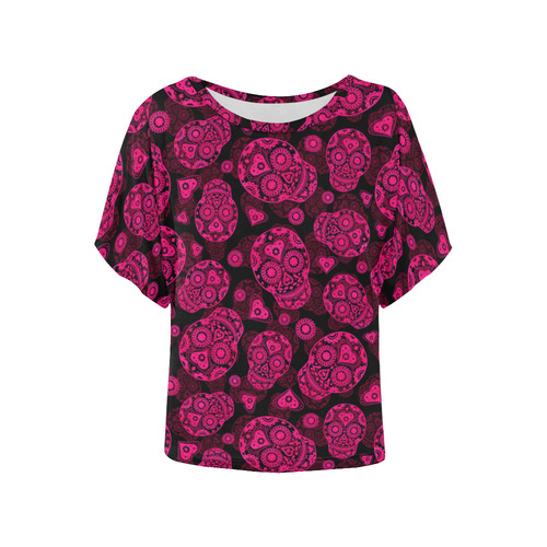 Sugar Skull Pattern - Pink Women's Batwing-Sleeved Blouse T shirt (Model T44)