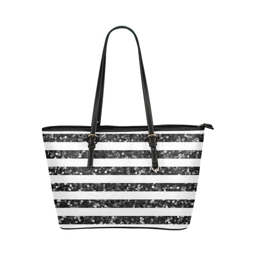 Black Glitter Sparkle Stripes Leather Tote Bag/Small (Model 1651)