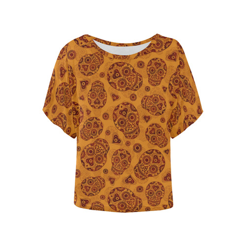 Sugar Skull Pattern - Gold Women's Batwing-Sleeved Blouse T shirt (Model T44)