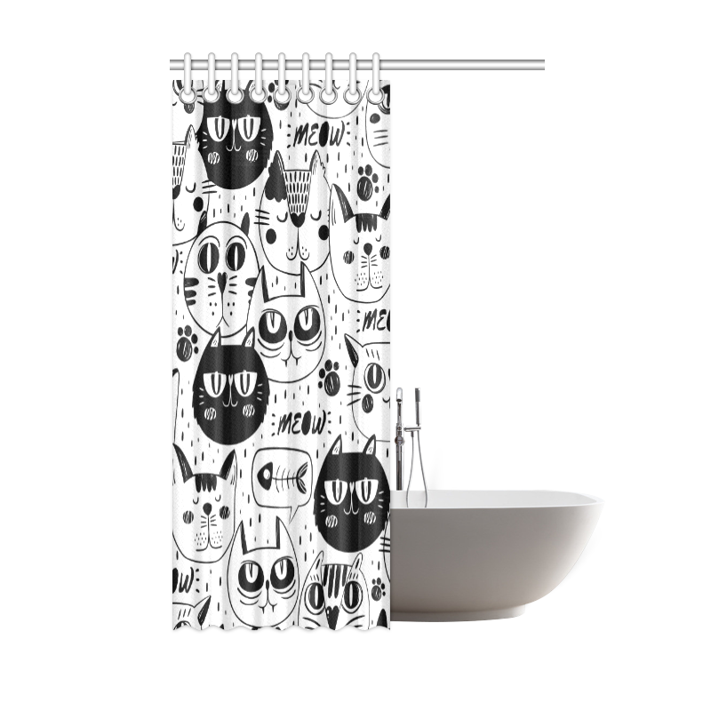 Cat Black and White Funny Cartoon Shower Curtain 48"x72"