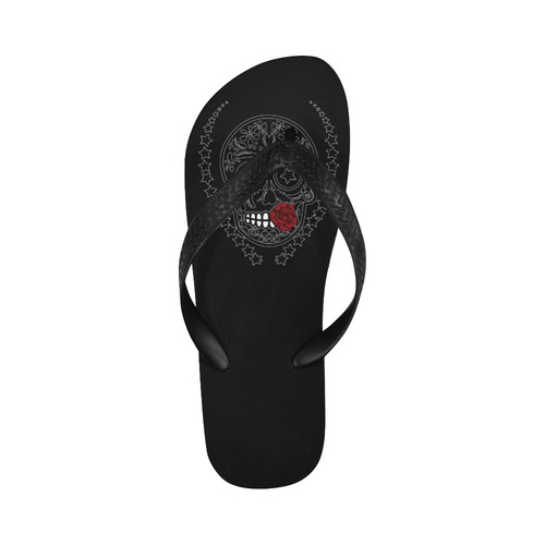 Sugar Skull Red Rose Black Flip Flops for Men/Women (Model 040)