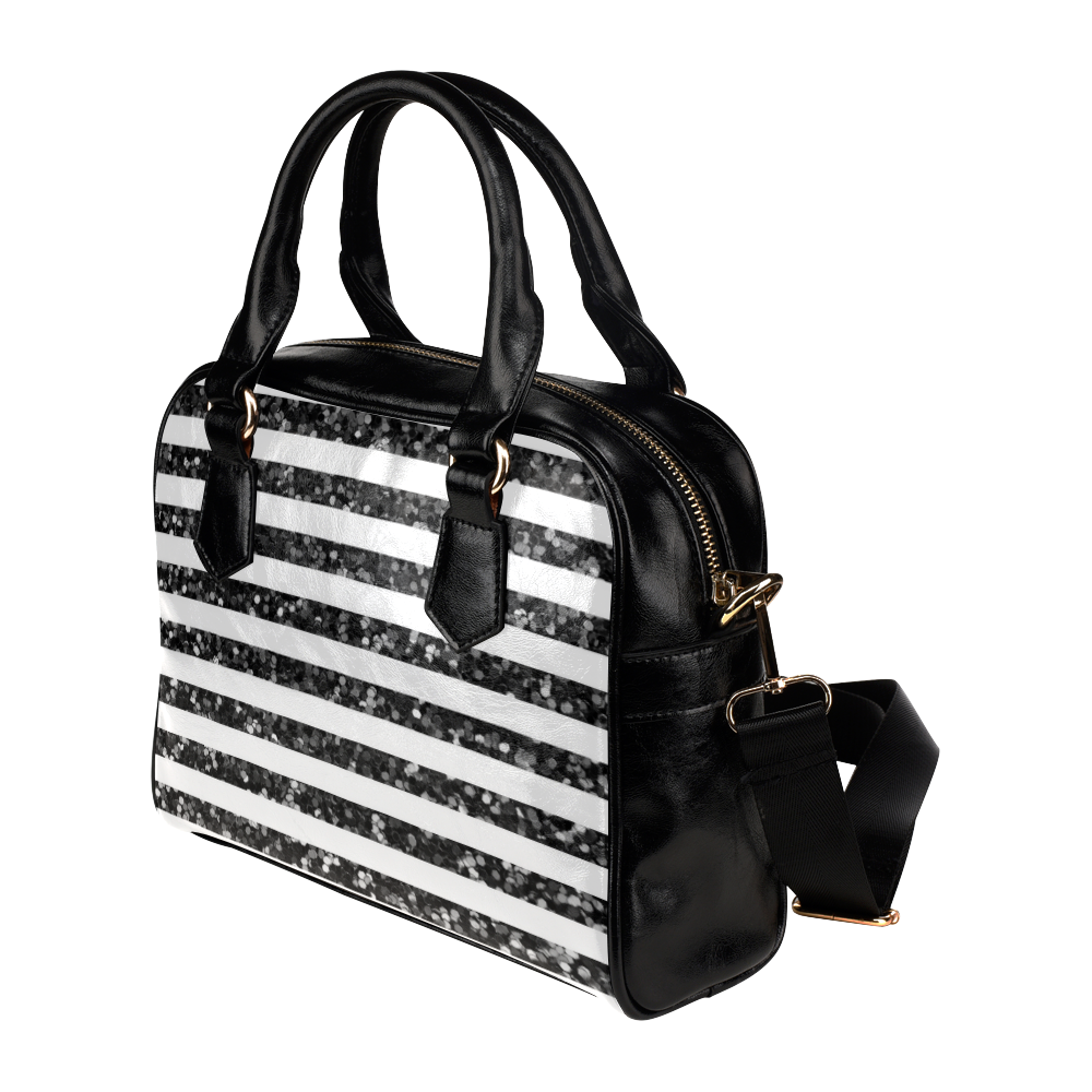 Black Glitter Sparkle Stripes Shoulder Handbag (Model 1634)