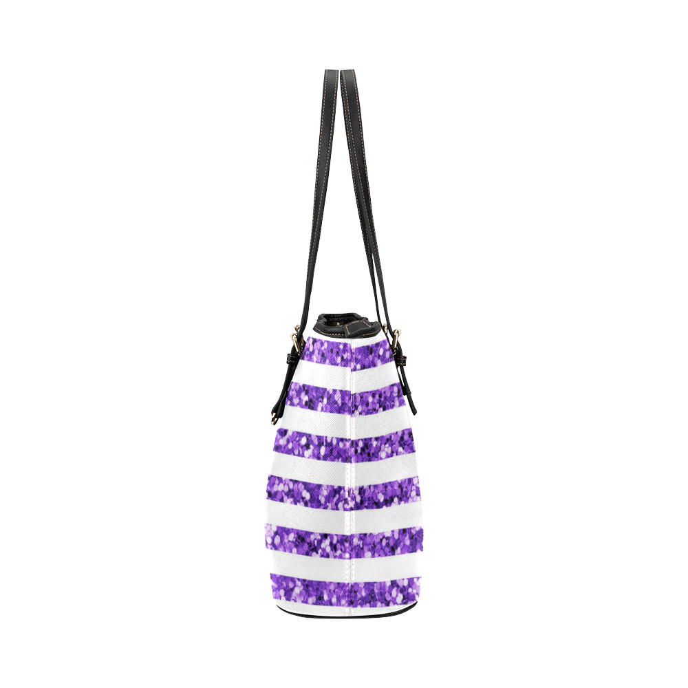 Purple Glitter Sparkle Stripes Leather Tote Bag/Small (Model 1651)