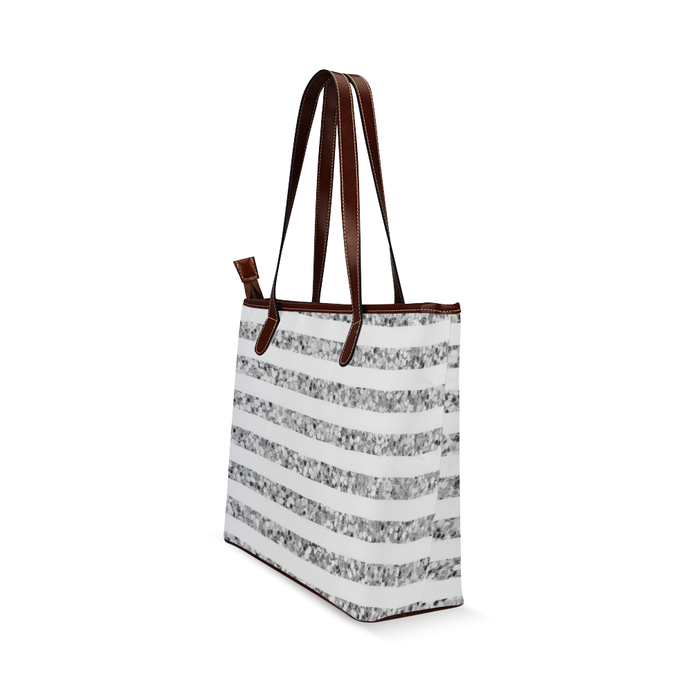 Silver Glitter Sparkle Stripes Shoulder Tote Bag (Model 1646)