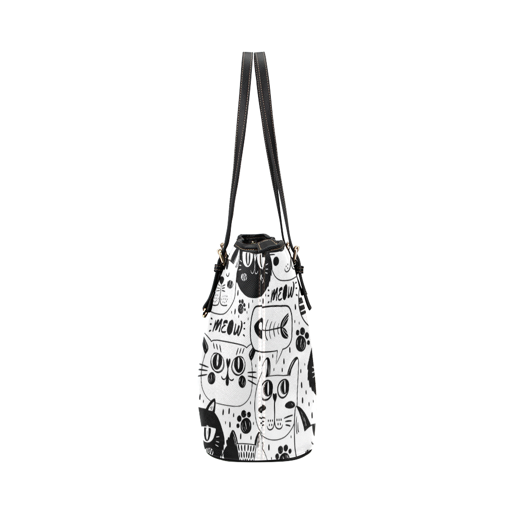 Cat Black and White Funny Cartoon Leather Tote Bag/Large (Model 1651)