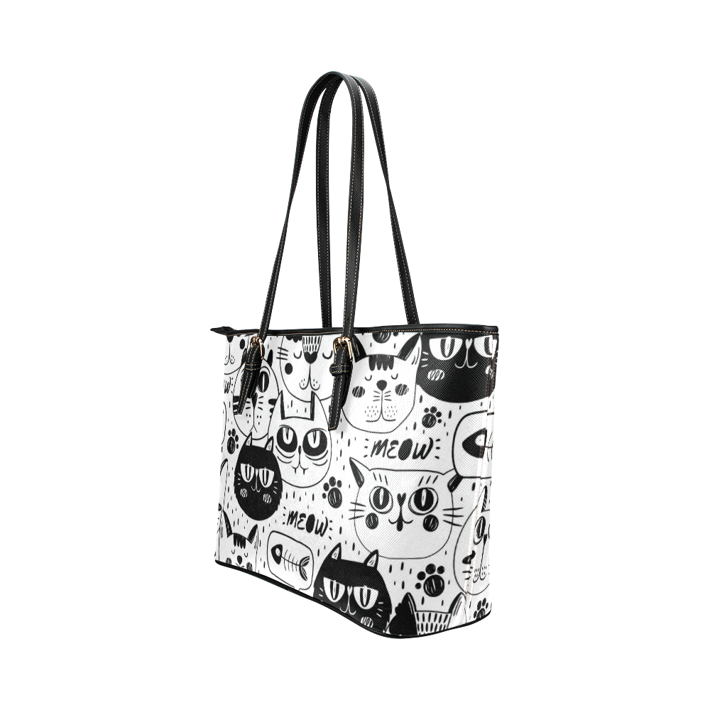 Cat Black and White Funny Cartoon Leather Tote Bag/Large (Model 1651)