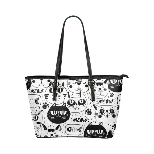 Cat Black and White Funny Cartoon Leather Tote Bag/Large (Model 1651)