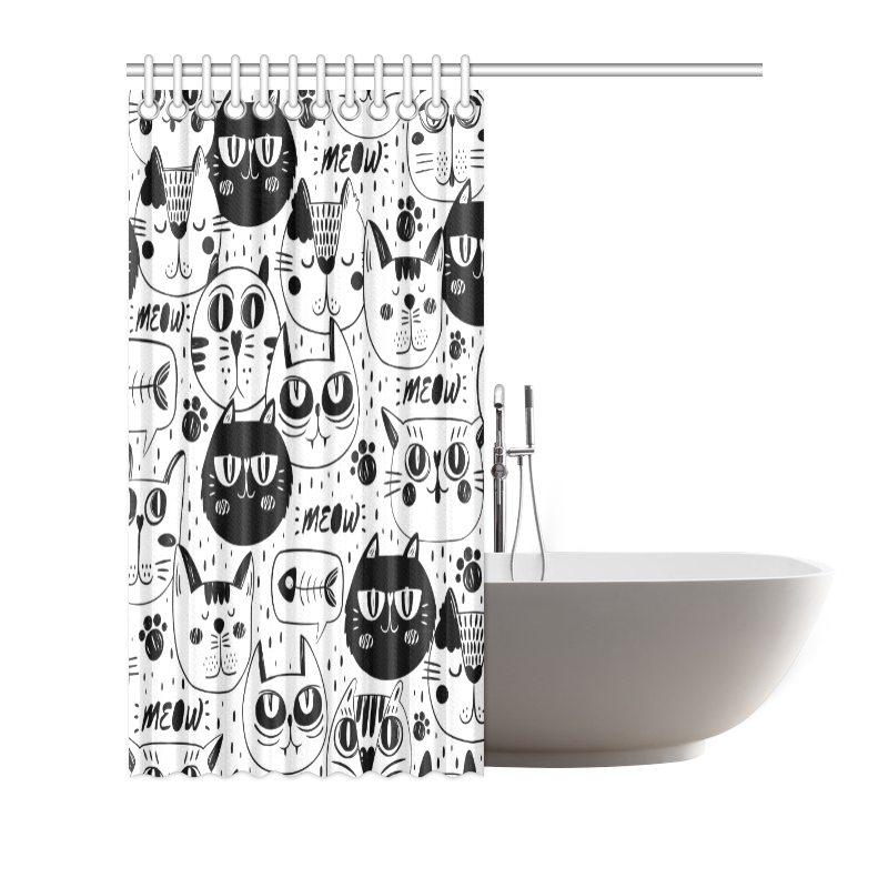 Cat Black and White Funny Cartoon Shower Curtain 66"x72"