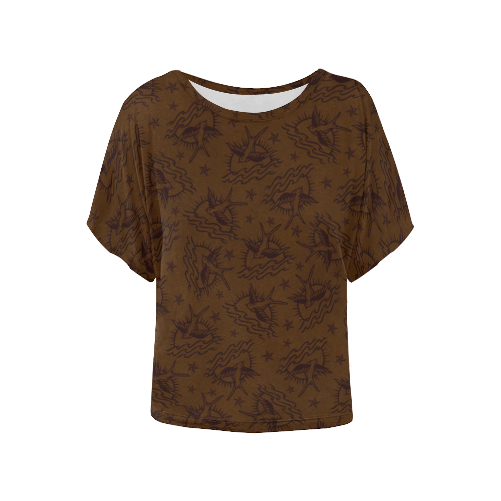 Sparrow Tattoos and Nautical Stars (Dark) Women's Batwing-Sleeved Blouse T shirt (Model T44)