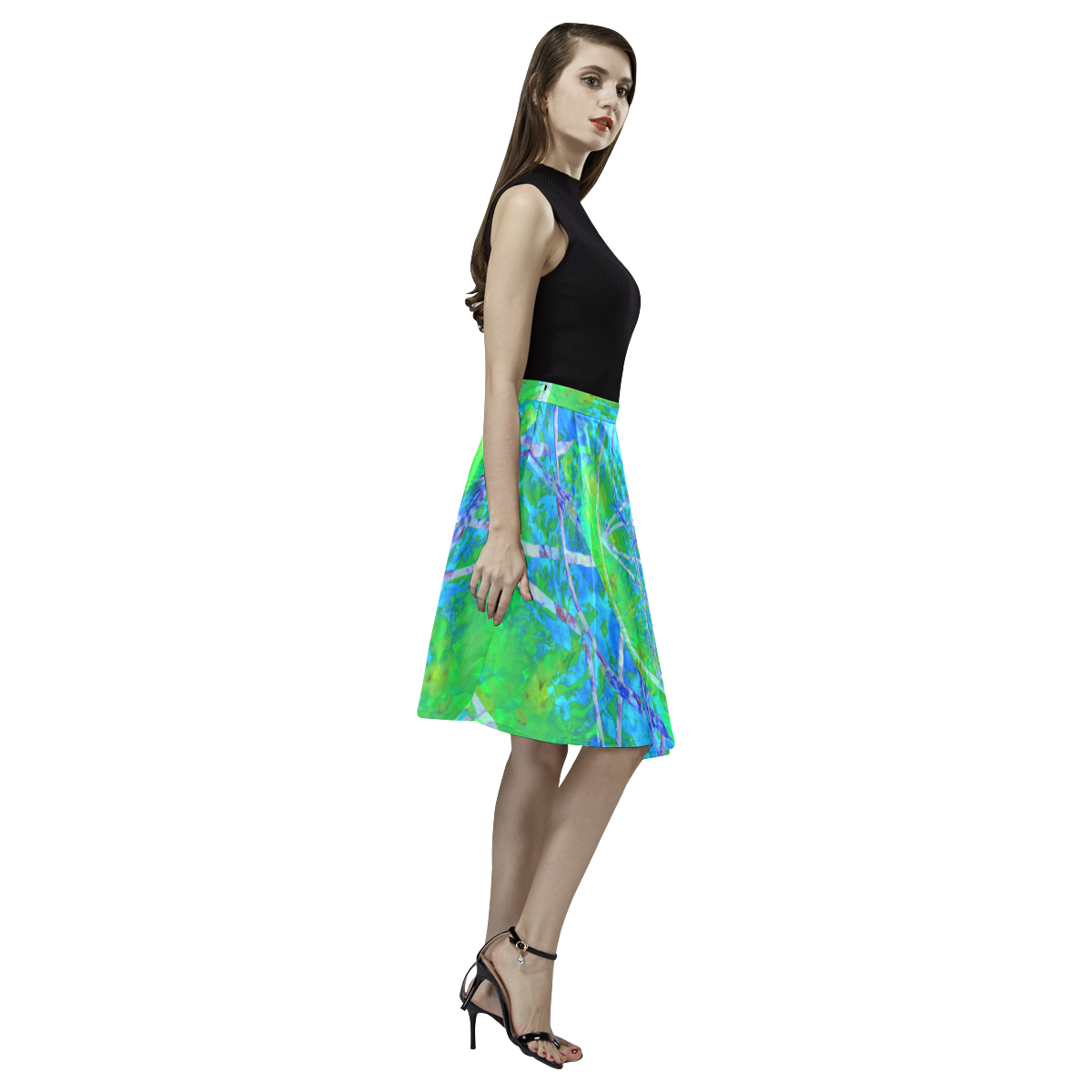 protection in nature colors-teal, blue and green Melete Pleated Midi Skirt (Model D15)