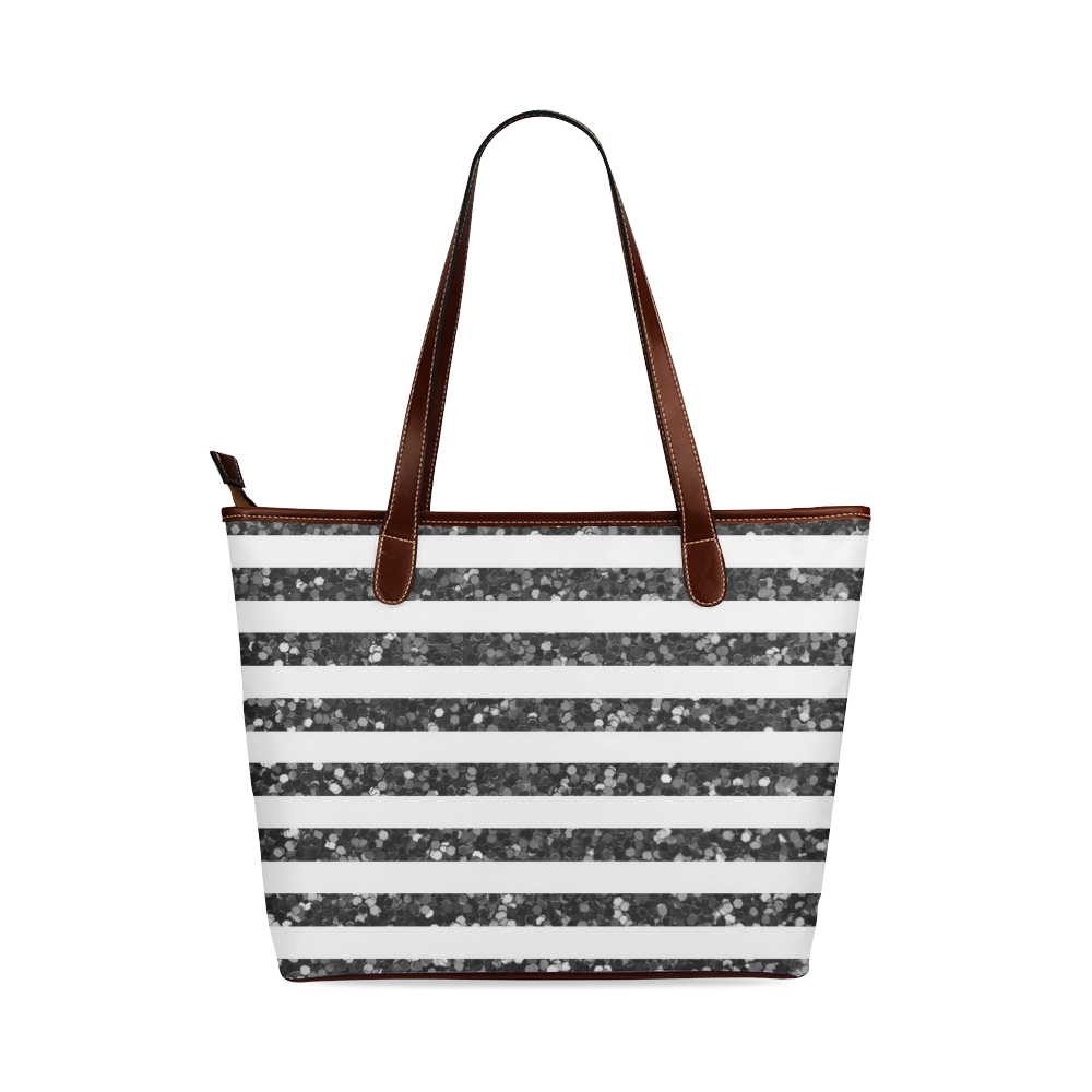 Black Glitter Sparkle Stripes Shoulder Tote Bag (Model 1646)