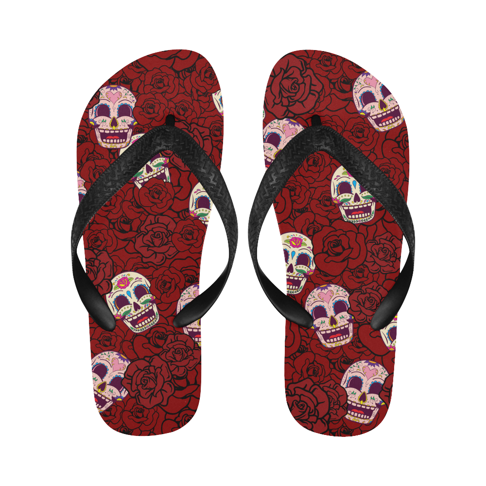 Rose Sugar Skull Flip Flops for Men/Women (Model 040)