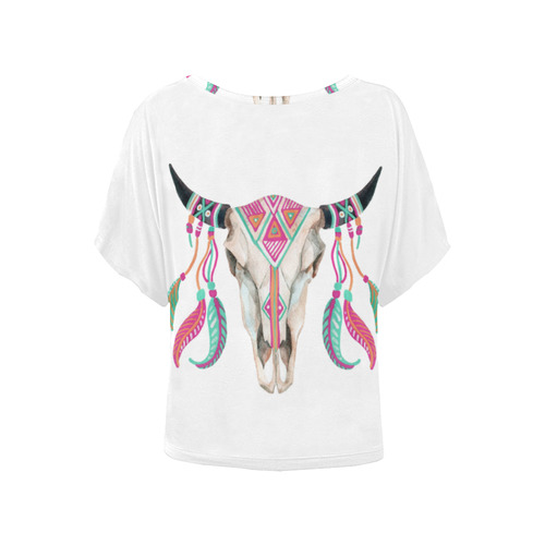 Teal/Pink Feather Skull white Women's Batwing-Sleeved Blouse T shirt (Model T44)