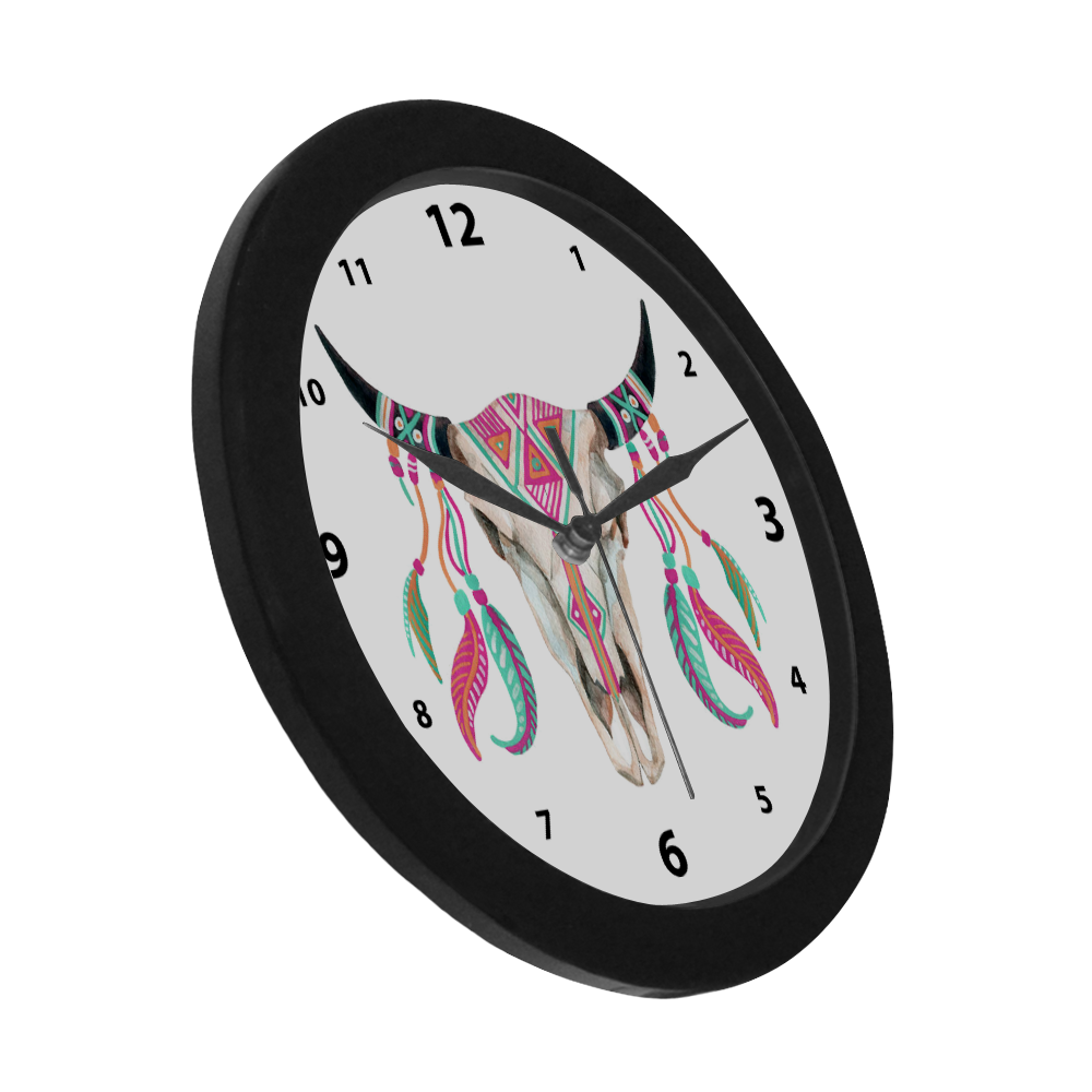 Teal/Pink Feather Skull Wall Clock Circular Plastic Wall clock
