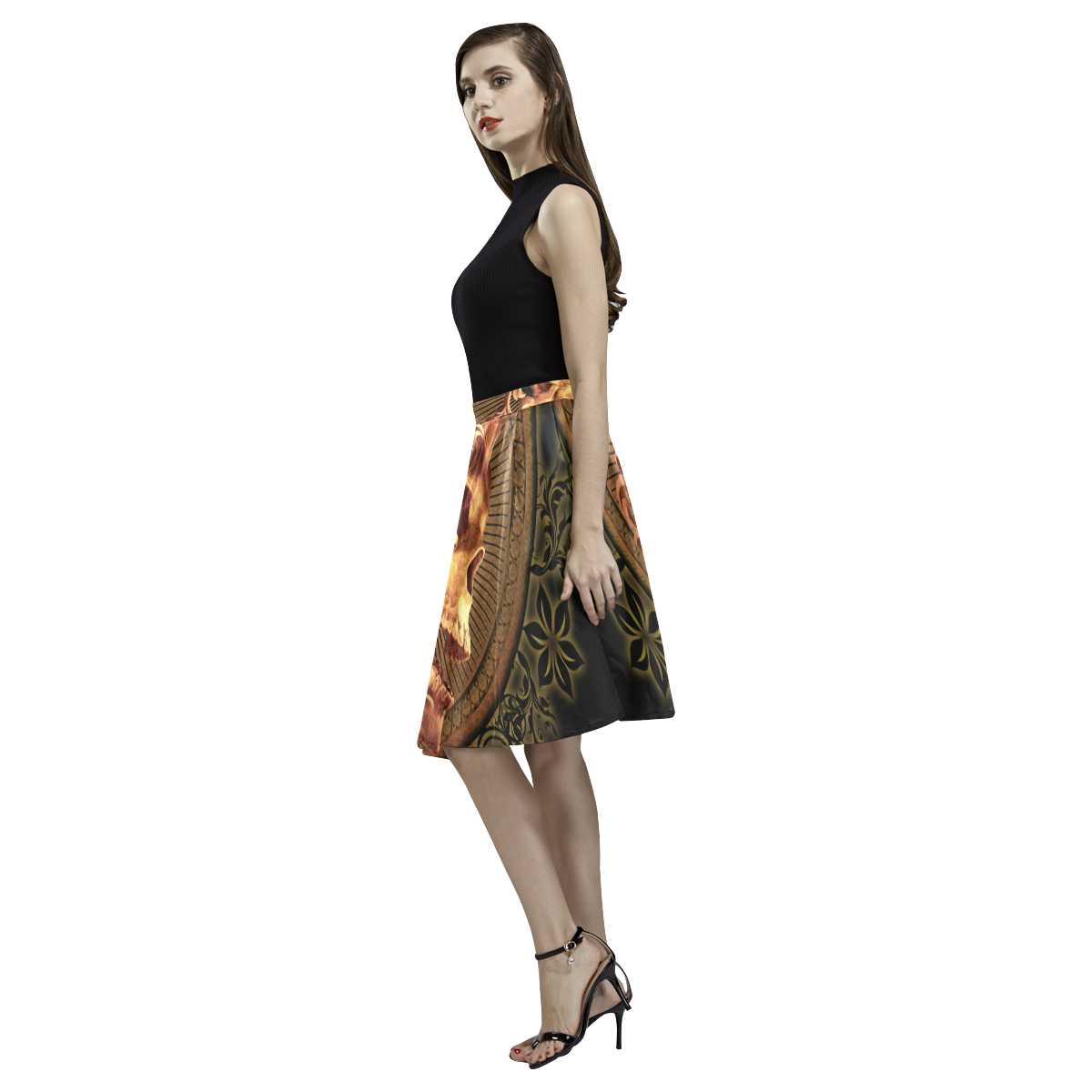 Amazing skull with floral elements Melete Pleated Midi Skirt (Model D15)