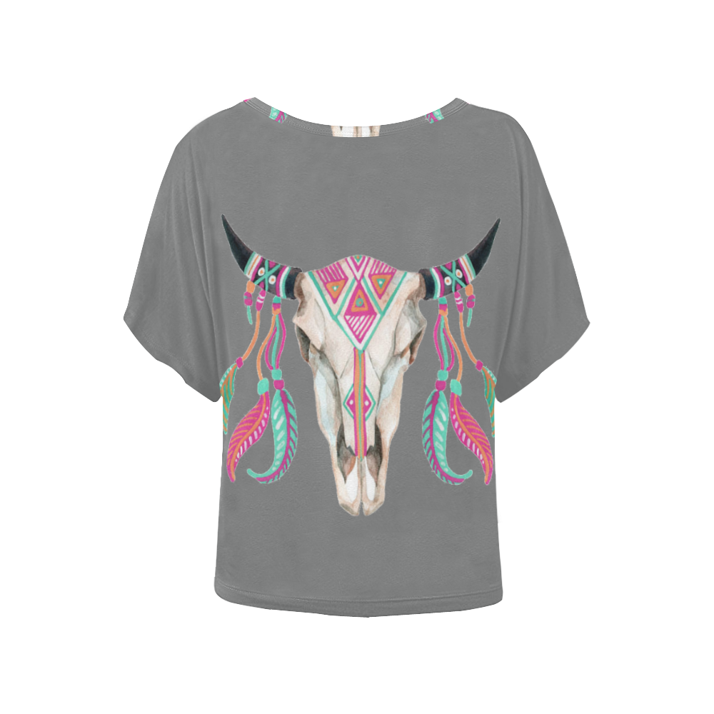 Teal/Pink Feather Skull Gray Women's Batwing-Sleeved Blouse T shirt (Model T44)