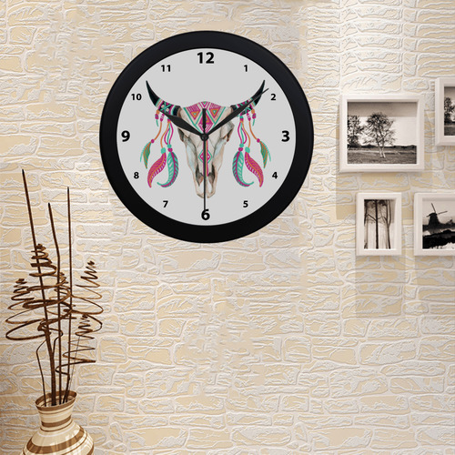 Teal/Pink Feather Skull Wall Clock Circular Plastic Wall clock