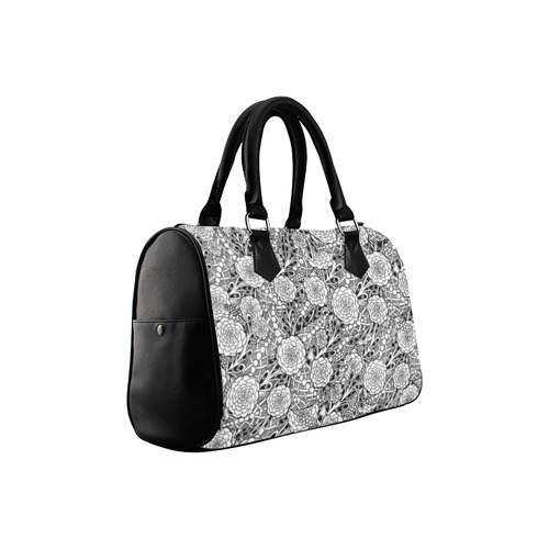 Black White Flowers Boston Handbag (Model 1621)