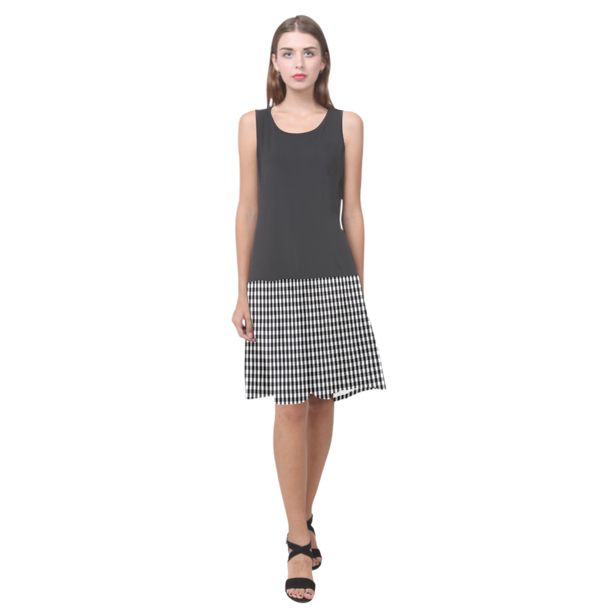 Large Black & White Gingham Check Sleeveless Splicing Shift Dress(Model D17)