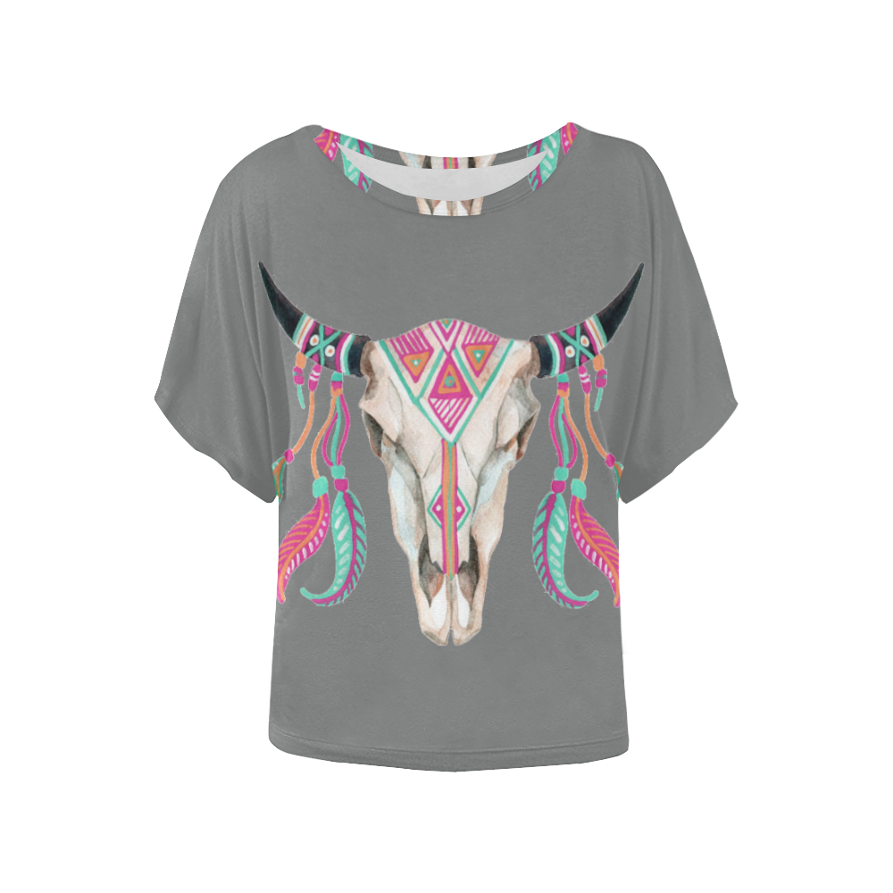 Teal/Pink Feather Skull Gray Women's Batwing-Sleeved Blouse T shirt (Model T44)