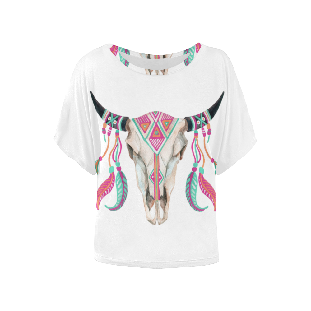 Teal/Pink Feather Skull white Women's Batwing-Sleeved Blouse T shirt (Model T44)